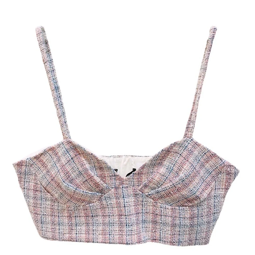 Zara Pink And Blue Tweed Bralette Blouse Medium NWOT